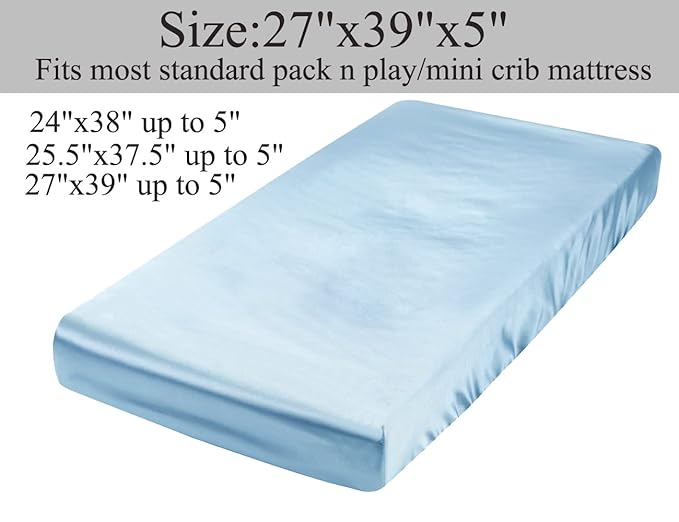 Satin Pack n Play Sheet Set 2 Pack Ultra Soft Silk Fitted Mini Crib Sheets Playard Sheet Protect for Baby Hair and Skin, Grey & Lt Blue