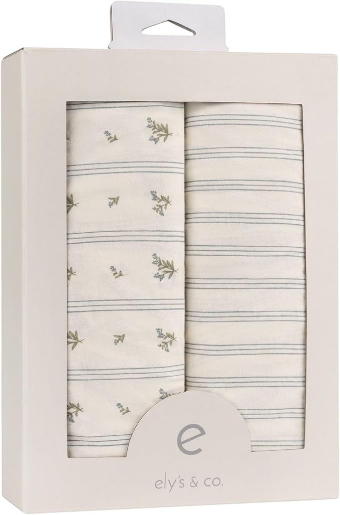Ely's & Co. Bassinet Sheets, Baby Boy Fitted Bassinet Mattress Sheet Set - 2 Pack, 100% Jersey Knit Cotton, fits Oval, Hourglass and Rectangle Mattress, Blue Linear Berry Leaf, 32”x16”x3”