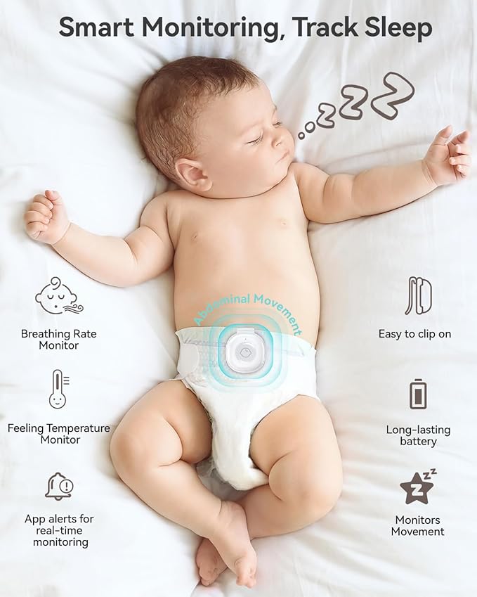 Babytone Smart Baby Monitor – Baby Breathing Monitors with Rollover & Overheating Alarms, Long Battery Life, Real-Time Temperature Tracking, Free App for Infants & Newborns 0-24 Months (Sleep Clip)