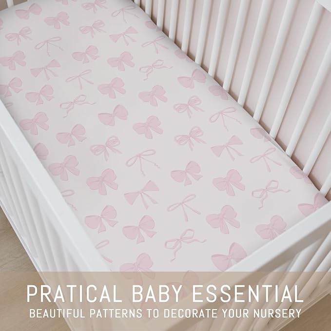 Pastel Pink Bows Baby Crib Sheets for Boys Girls Preppy Girly Ribbons Soft Snug Fitted Crib Mattress Covers for 52''x28'' Standard Crib & Toddler Mattress Cute Valentine Bows Nursery Bed Sheets