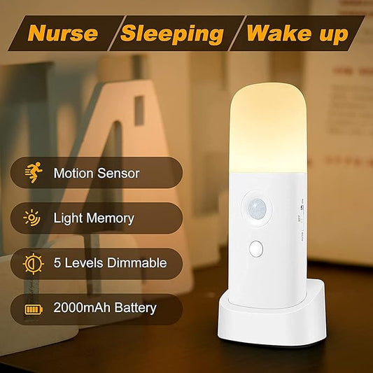 CREWEEL Motion Sensor Night Light Indoor, 2000mAh Battery Operated Lights, Cordless Table Lamps for Kids, 5 Stages Dimmable LED Nursery Night Lights for Bedroom, Bathroom, Hallway