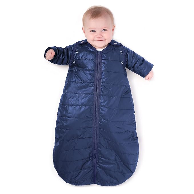 Baby Sleeping Bag Sack - Warm Quilted Duvet Material - Outdoor & Indoor, Unisex Travel Wearable Blanket. Fits Infants, Removable Sleeves & Convenient Shoulder Snaps, Indigo, Small (0-6 Months)