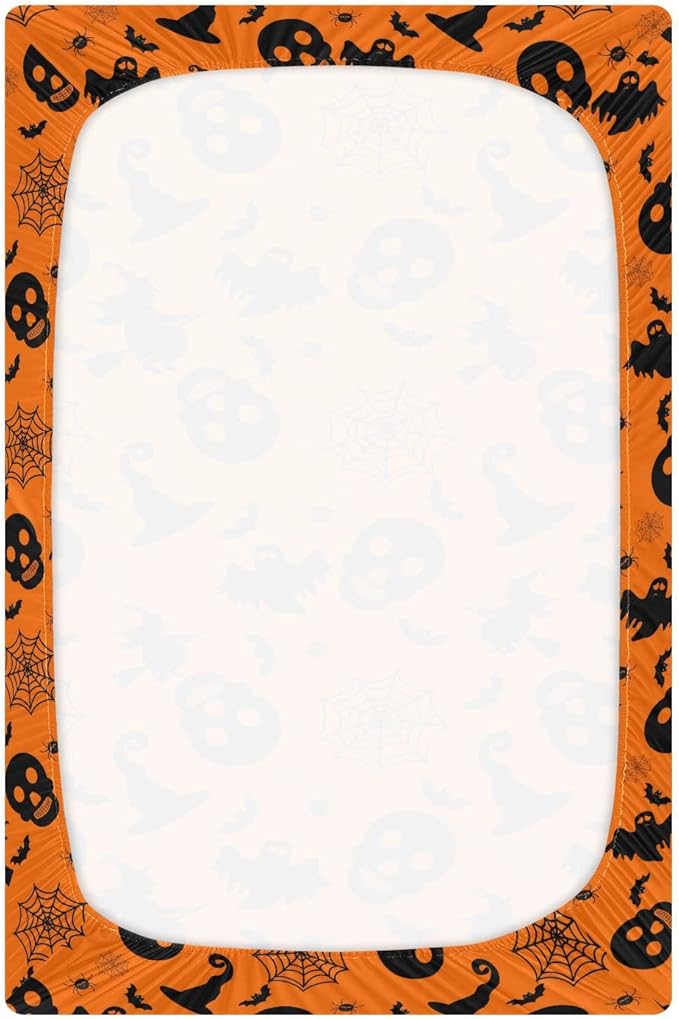 Halloween Orange Bat Ghost Crib Sheets Soft Breathable Fitted Baby Crib Sheets Mattress Cover for Girl Boys, 52" x 28" x 9"