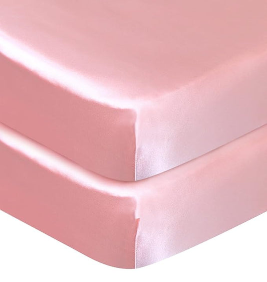 Crib Sheets Girl Satin 2 Pack, Soft & Silky Crib Sheet for Baby Hair (52"x28"x8") Fitted Crib Sheets for Standard Crib Mattress, Pink