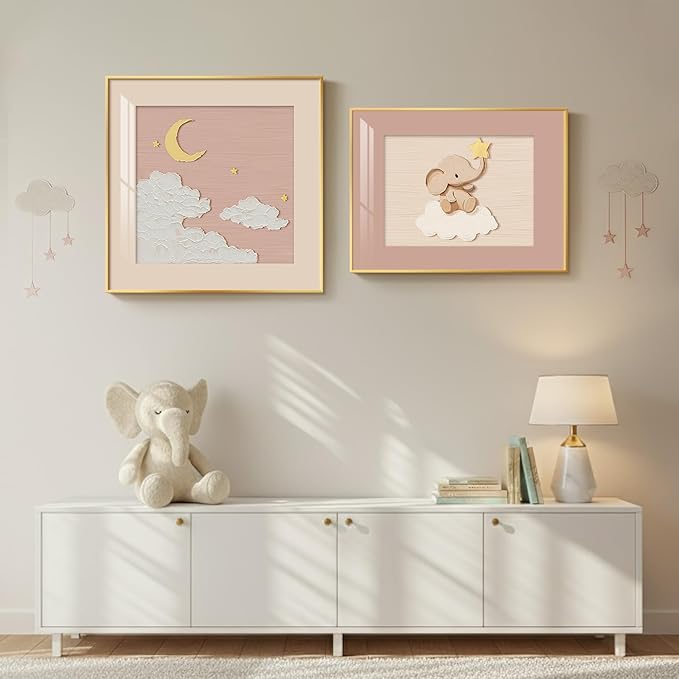 Framed Nursery Wall Art Set of 2, Cute Pink Elephant & Moon Artwork for Kids Room Walls Decor, Soft Neutral Baby Wall Pictures Prints for Bedroom Playroom Nursery Wall Decor, 24x24 & 24x18 Inch