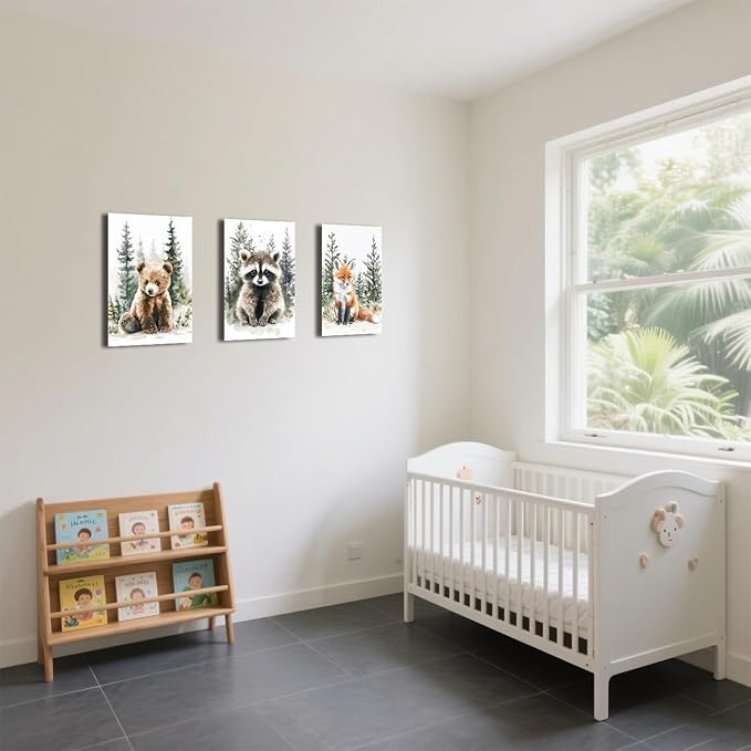 LZIMU Nursery Animal Canvas Wall Art 3 Pieces Cute Animal Baby Picture Prints Woodland Nursery Painting for Kids Boy Girls Room Decor Framed (Grey, 12x16inchx3 Pieces)