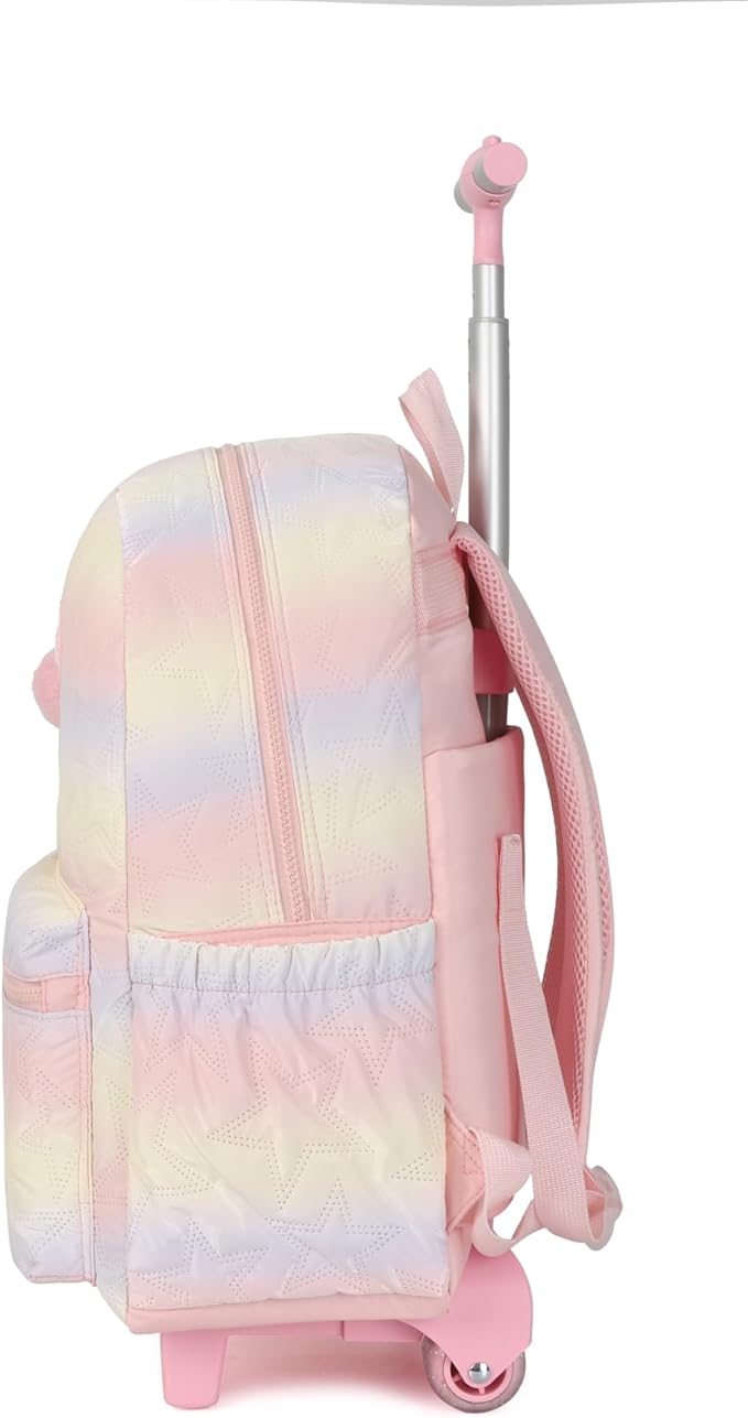 kingdisen Pink Rolling school backpack for girls with Lunch Box 3pc Set(QUILTED PINK)