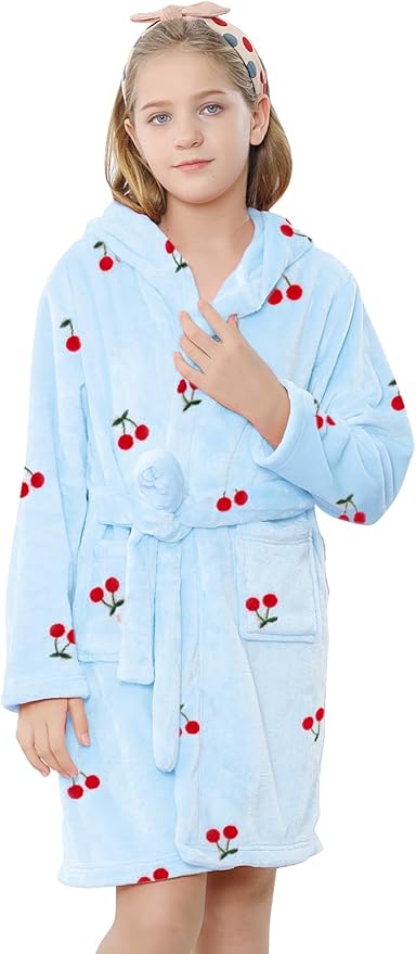 Umeyda Girls Fleece Hooded Robes, Warm Printed Bath Robe for Kids Soft Fuzzy Bathrobe for Gifts
