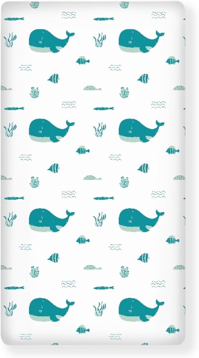 Blue Whale Anemons Fishes Seaweeds Waves Fitted Crib Sheet Blue Whale Baby Crib Sheet Fit Standard Crib and Toddler Mattress,Crib Mattress Sheets for Boys Girls 28"x52"
