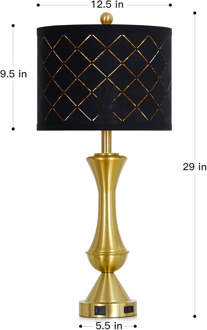 luxeflow 29" Gold Modern Table Lamps Set of 2, 3-Way Dimmable Touch Lamps for Nightstand with USB A+C & Outlets,Brass Lamps for Living Room, Bedroom, Nightstand, Entryway(2 Bulbs Included)