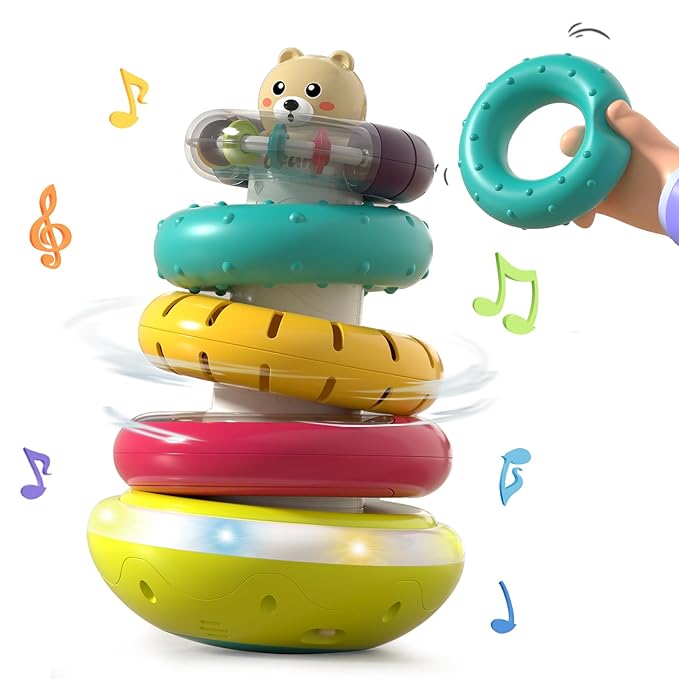 Baby Ring Stacker Toy with Lights, Musical Stacking Toys for Toddlers 1-3, Automatic Rotating Montessori Toys for Babies 6-12 Months, Early Learning Toy 1 Year Old Boy and Girl Gifts