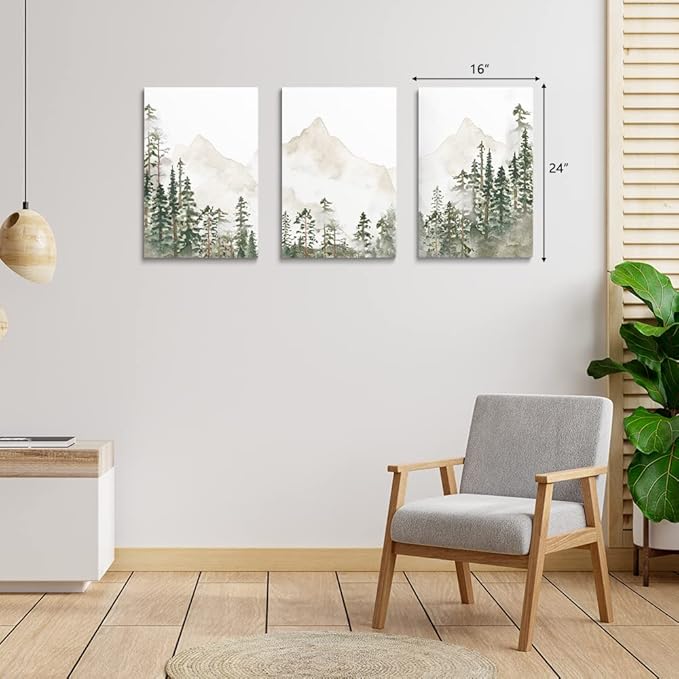 SKYSUKEY Foggy Forest Wall Art Woodland Nursery Wall Decor Netural Wild Nature Nursery Decor Mountain Wall Art Green Landscape Prints for Boy Girl Bedroom Living Room Home, Framed Set 3, 12"x16"
