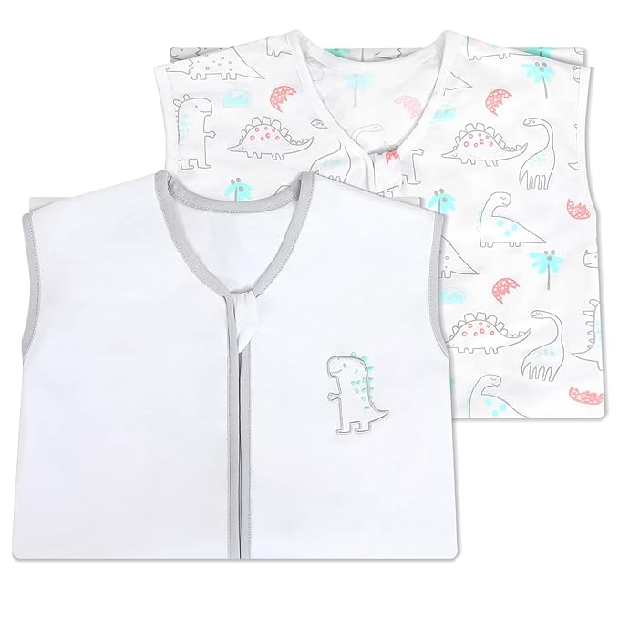TILLYOU 2 Pack Baby Sleep Sack 12-18 Months 100% Cotton Wearable Blanket 0.5 TOG Sleeveless Summer Sleep Sacks with 2-Way Zipper, Woodland Dinosaurs
