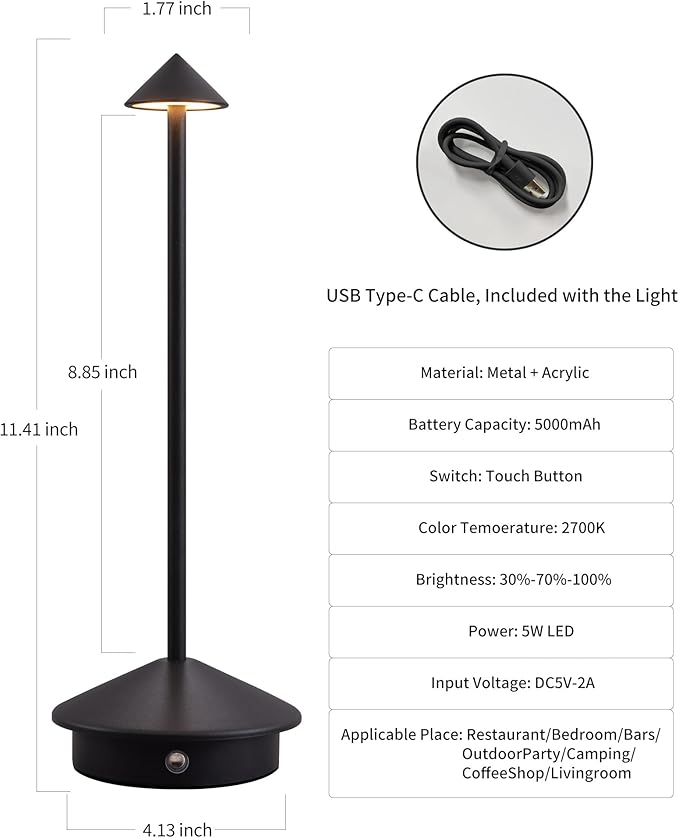 NEWSEE Modern Cordless Table Lamp Set of 2, Portable LED Desk Lamps, 5000mAh Rechargeable Battery Operated Lighting for Bedroom Dining Room Restaurant Coffee Shop Camping Night Light (Black)