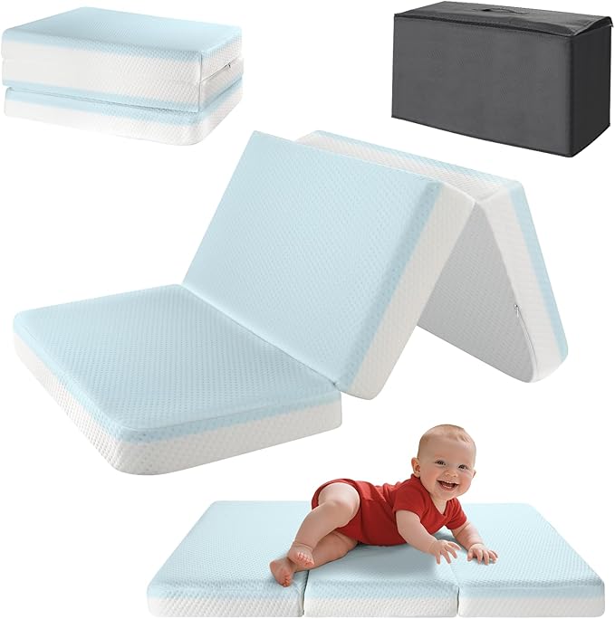 3'' Waterproof Crib Mattress,52x27.5 Inch Trifold Mattress for Toddler Bed,Portable Travel Memory Foam Nap Mat for Baby Infant Kids,Standard Full Size Sleep Mat with Removable Cover
