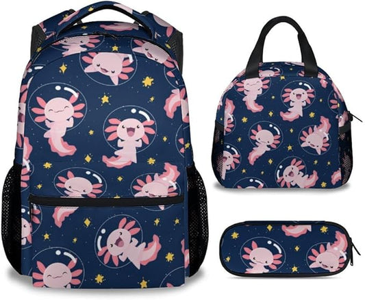 COZYAURA Kids Backpack for Girls - Large Capacity School Bags with Lunch Bag Pencil Pouch Set - Cute Axolotl Bookbag for Elementary Middle School & Travel - Kid School Supplies