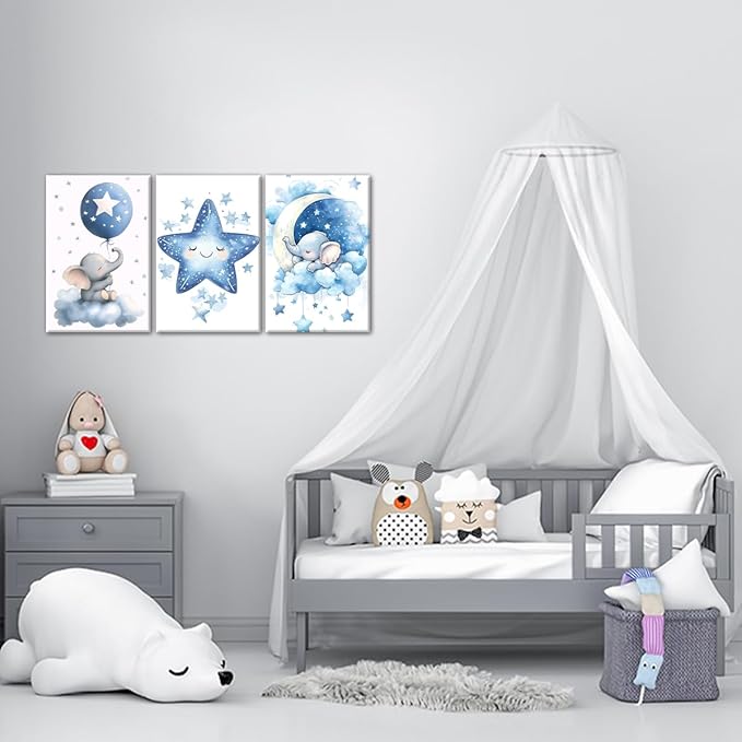Nursery Canvas Wall Art Elephant Pictures Wall Decor Moon and Stars Painting Baby Boy Prints Cute Animal Poster Artwork for Kids Room Bathroom Decor Framed(Baby-1,11L x 14W x 3Pcs)