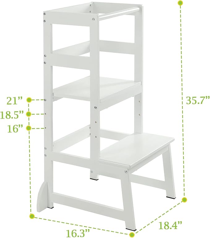 Mother's Helper Adjustable Height Step Stool, Kids Learning Toddler Tower With Safety Rail for Kitchen Counter, Montessori Stool (White)