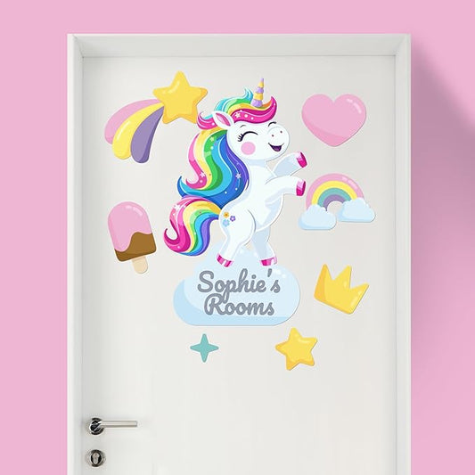 EGD Custom Unicorn Door Decal with Name | Door Decals for Bedroom or Nursery | Personalized Vinyl Wall Decal for Kids Room | Cute Magic Theme Wall Stickers for Girls (G. Unicorn)