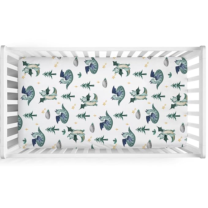 Cartoon Fairy Tale Dragon Trees Stars Baby Crib Sheets 52''x28'' Watercolor Dragons Stretchy Fitted Crib Mattress Cover for Boy Girl Soft Bed Sheet for Standard Crib and Toddler Mattress