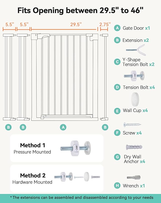 COMOMY 36" Extra Tall Baby Gate for Stairs Doorways, Fits Openings 29.5" to 46" Wide, Auto Close Extra Wide Dog Gate for House, Pressure Mounted Easy Walk Through Pet Gate with Door, White