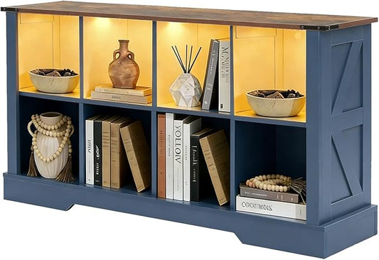 Puntogen 8 Cube Storage Organizer, Wood Cube Bookshelf with LED Lights, Horizontal Storage Cubes, Kids Bookshelf, Display Cabinet Cubby Shelf for Living Room Home Office Bedroom，Navy Blue