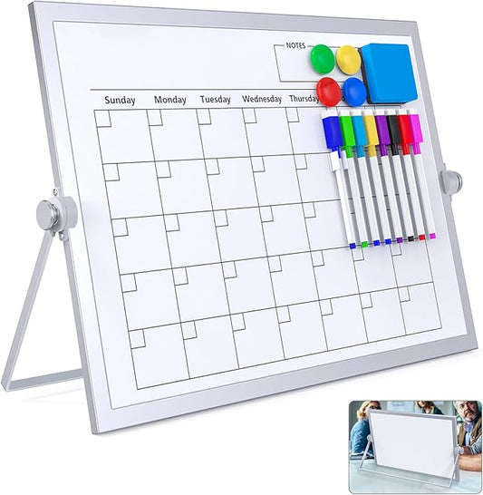 Laokiiy Dry Erase White Board, 16X12IN Magnetic Desktop Whiteboard Calendar with Stand, 8 Markers, 4 Magnets, 1 Eraser, Portable Double-Sided White Board Easel for Kids Memo to Do List Desk