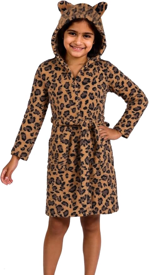 Kids Toddler Cartoon Hooded Plush Robe Leopard Pajamas Fleece Bathrobe Children Sleepwear