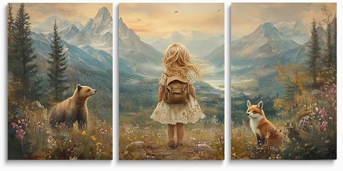 Girls' Adventure Nursery Decor, Set of 3 Framed Canvas Wall Art, Wilderness & Baby Animal Prints for Kids Room, Mountain Woodland Nursery Wall Art, Baby Girl's Nature Landscape Wall Decor, 16"x24"
