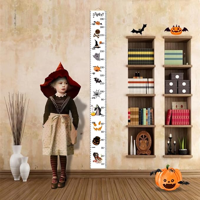 Halloween Baby Height Growth Chart - Canvas Height Chart for Kids Baby Child Toddler Boys Girls Growth Chart for Wall Room Nursery Decor Hangable and Removable Measuring Wall Ruler (B, Beige Wood)