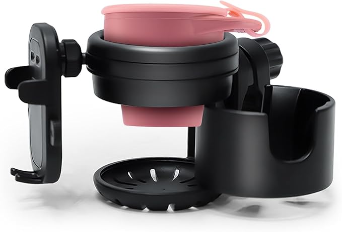 3-in-1 Stroller Cup Phone Holder Attachment Universal Cup Holder with Adjustable Phone Mount Double Cup Holder for Walker Wheelchair (Pink)