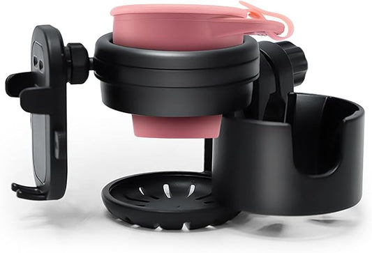 3-in-1 Stroller Cup Phone Holder Attachment Universal Cup Holder with Adjustable Phone Mount Double Cup Holder for Walker Wheelchair (Pink)