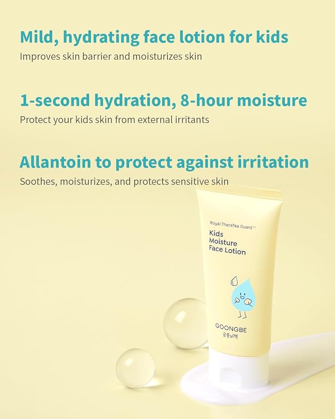 GOONGBE Kids' Moisture Face Lotion - Korean Kids Daily Face Moisturizer - 8hr Moisturizing Refreshing Cream Type Lotion with Cica and Allantoin - Allergen Free Scent, 2.7 fl.oz.