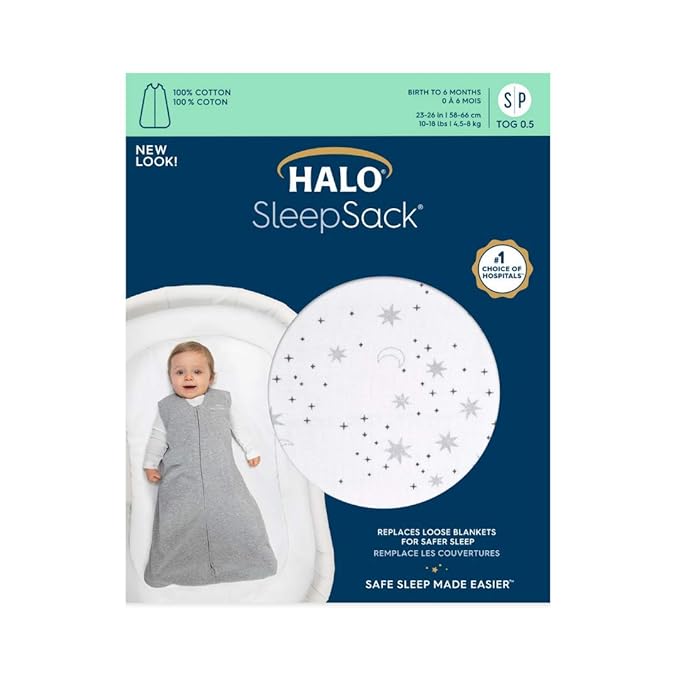 HALO SleepSack, 100% Cotton Wearable Blanket, Swaddle Transition Sleeping Bag, TOG 0.5, Midnight Moons-grey, Small, 0-6 Months