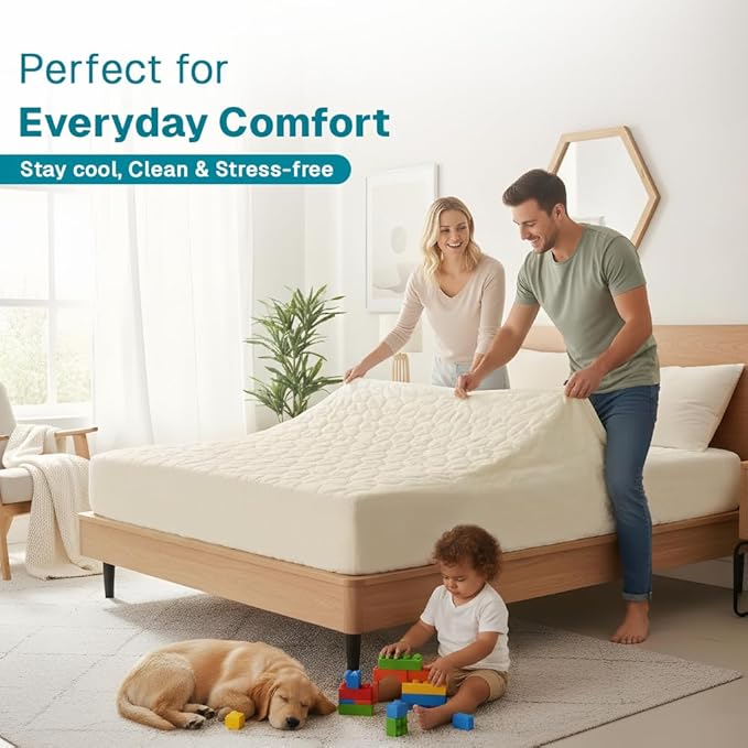 FABDREAMS Organic Quilted Mattress Protector Queen Size | Mattress Pad| Mattress Cover| Naturally Breathable | Noiseless| Fits up to 17" Deep Pocket| Temperature Regulating | Ivory