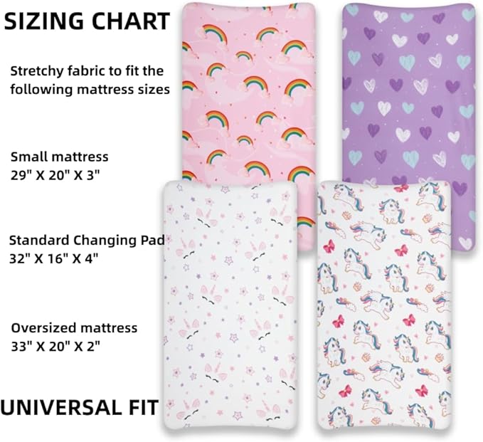 4 Pack Soft Baby Girl Changing Pad Cover Sheets for Chaning Pad Unicron Rainbow Heart Cute Neutral Polyester Unisex Fitted Changing Pad Cover Sheets Set for Baby Girls