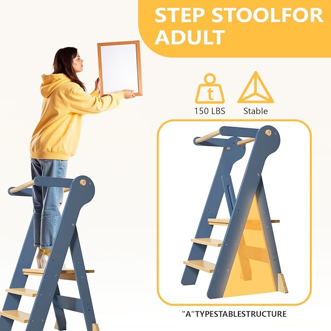 Foldable Toddler Tower, Kids Kitchen Step Stool, Height Adjustable Montessori Toddler Standing Tower with Safety Rail & Anti-Slip Design, Wooden Helper Stool for Ages 1–6 (Blue Gray)