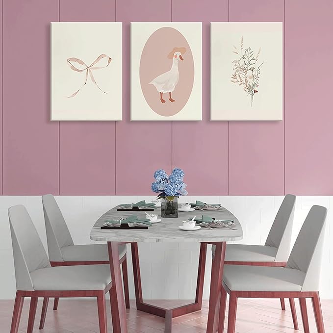 3Pcs Girls Nursery Canvas Wall Art Vintage Goose Wall Decor Pictures Pink Bow Poster Prints Kids Room Painting Artwork for Girls Room Bedroom Living Room Home Decoration,16x24in