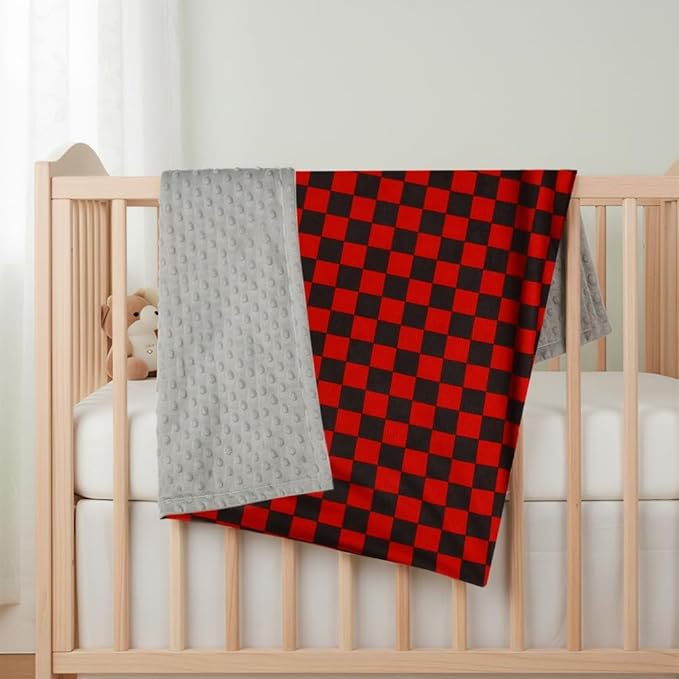 2 Pack Soft Black and White Checkered Baby Blankets for Unisex Girls or Boys Breathable Gender Neutral Nursery Double Layer Blankets with Dotted Backing for Newborn Toddlers (Red and Black)