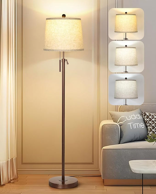 JUNNAI Modern Floor Lamp Adjustable Height Standing Lamp Tall Lamp with 3 Color Temperatures Floor Lamps for Living Room Bedroom Office Beige Shade Bulb Included-Brown