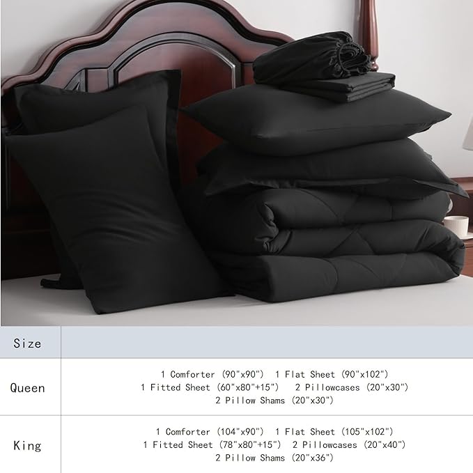 NTBAY King Comforter Set with Sheets, 7 Pieces Soft and Breathable King Bedding Set, Bed in a Bag, Down Alternative Comforter Set Solid Color All Season, King Bedding Set, Black