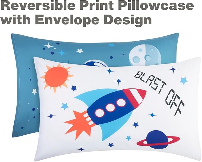 EVERYDAY KIDS 4 Piece Toddler Bedding Set - Outer Space Adventures - Includes Comforter, Flat Sheet, Fitted Sheet and Reversible Pillowcase