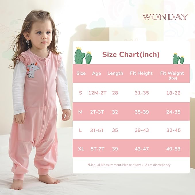 WONDAY Toddler Sleep Sack with Legs,Toddler Sleep Sacks,0.5T Sleeveless Baby Sleep Bag Wearable Blanket,with Feet(2T-3T)