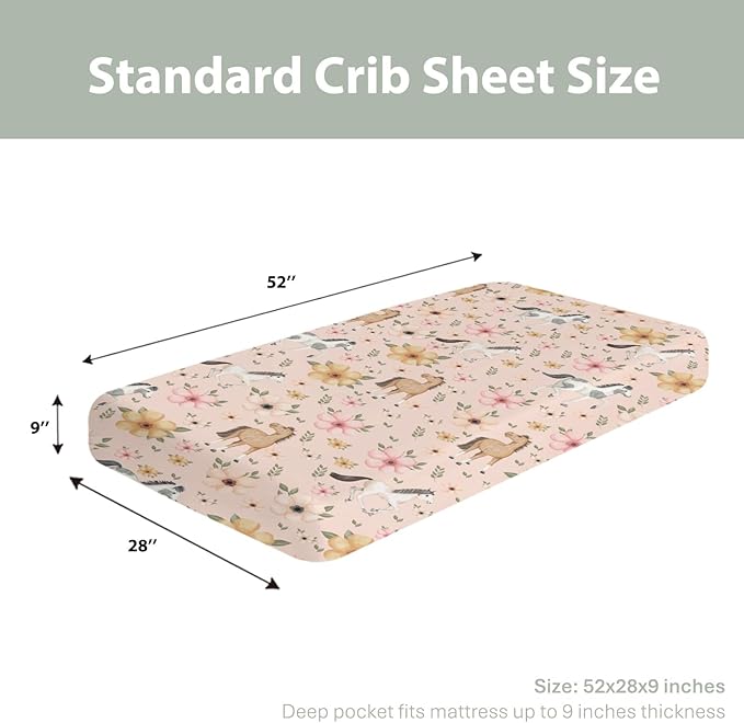Watercolor Horse Floral Baby Crib Sheets for Boy Girl 52"x28" Running Horses Boho Flowers Soft Snug Fitted Crib Mattress Cover Wild Animals Baby Sheet for Standard Crib & Toddler Bed Mattress Pink