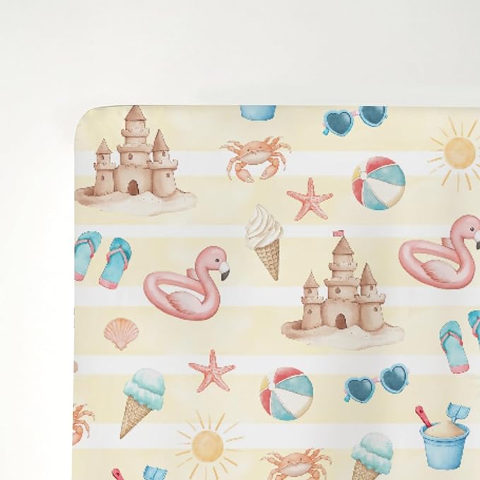 Summer Beach Seaside Baby Crib Sheets for Boy Girl 52x28Inch Ice Cream Sand Flamingo Sun Soft Snug Fitted Crib Mattress Cover Boho Travel Vacation Baby Sheet for Standard Crib & Toddler Bed Mattress