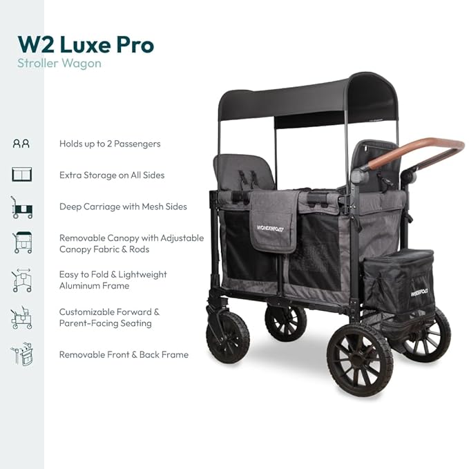 WONDERFOLD W2 Luxe Pro Stroller Wagon (2 Seater) - Collapsible Wagon Stroller with Seats Featuring 5-Point Safety Harnesses and Adjustable Sun Canopy, Charcoal Gray