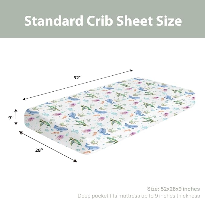 Pastel Sea Animals Baby Crib Sheets for Boy Girl 52x28In Sea Horse Turtle Whale Jellyfish Corals Soft Snug Fitted Crib Mattress Cover Ocean Marine Baby Sheet for Standard Crib & Toddler Bed Mattress