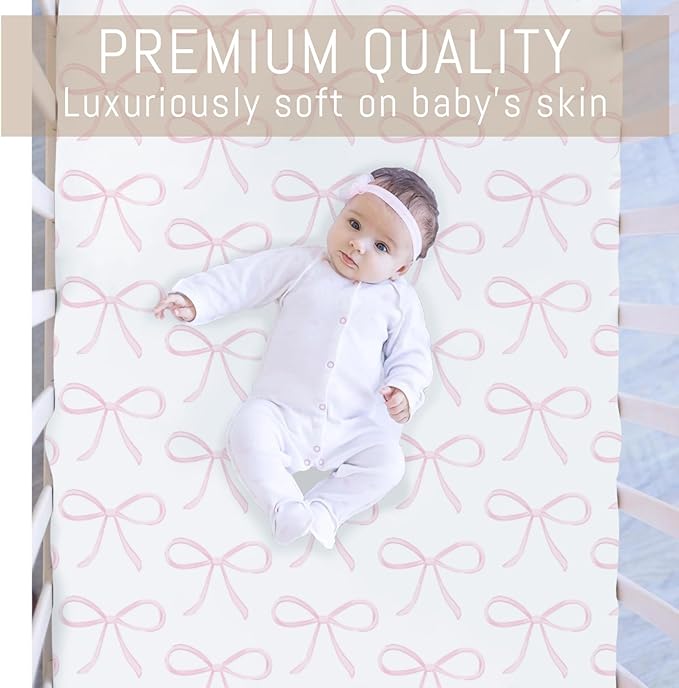 Sweet Pink Bows Baby Crib Sheets for Girls Pastel Pink Bows Soft Snug Fitted Crib Mattress Covers for 52''x28'' Standard Crib & Toddler Mattress Valentine's Girly Ribbons Nursery Baby Bed Sheets
