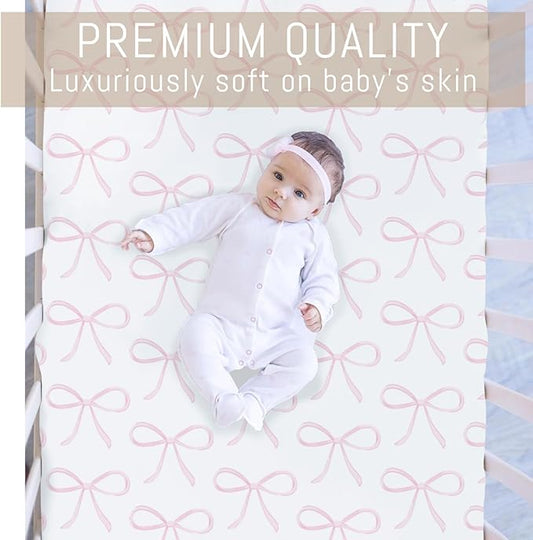 Sweet Pink Bows Baby Crib Sheets for Girls Pastel Pink Bows Soft Snug Fitted Crib Mattress Covers for 52''x28'' Standard Crib & Toddler Mattress Valentine's Girly Ribbons Nursery Baby Bed Sheets