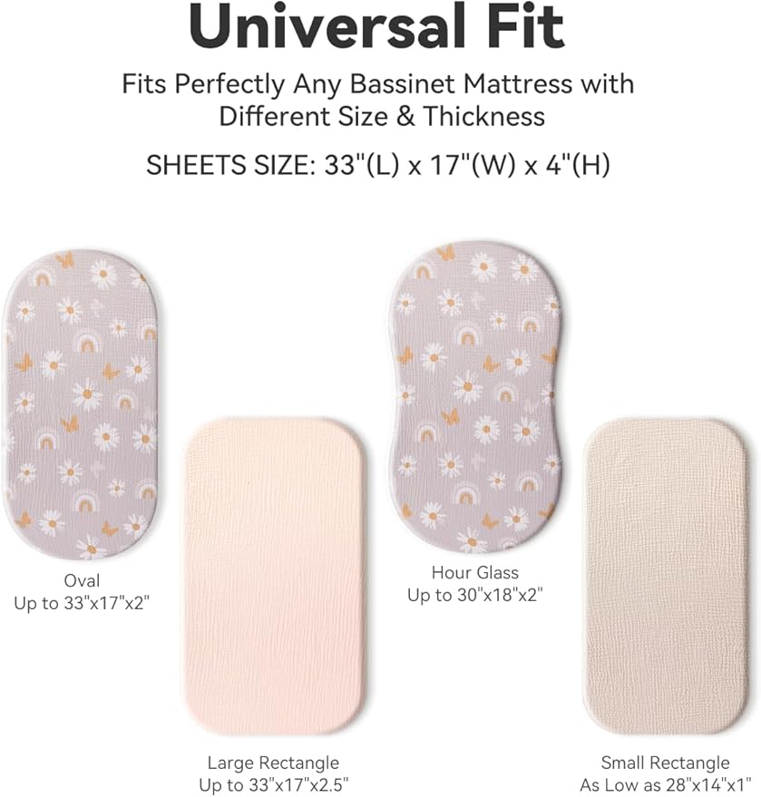 TILLYOU Muslin Bassinet Sheets for Baby Boys Girls 3 Pack, Soft Breathable Elastic Cotton Bassinet Mattress Sheets, Fit Hourglass Oval Rectangle Cradle Mattress, 33"X17",Pink Butterfly